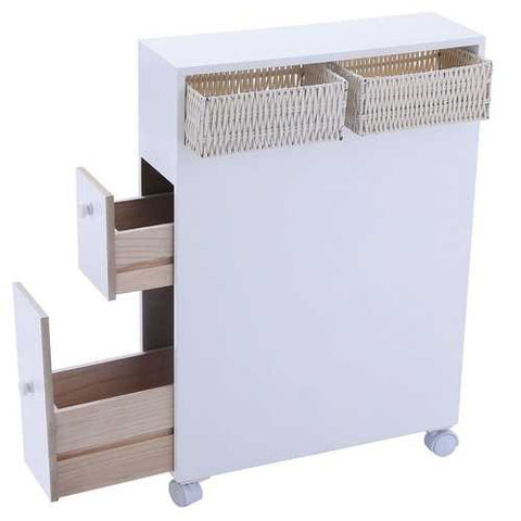 Image of White Bathroom Storage Floor Cabinet with Baskets and Casters