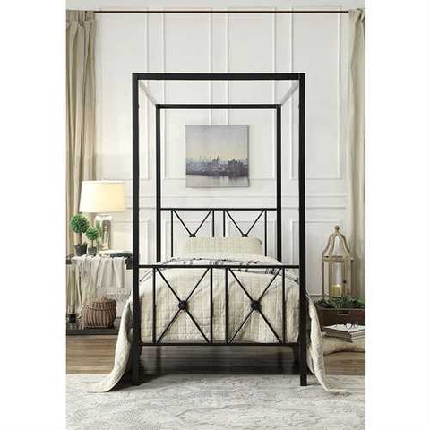 Image of Twin size Black Metal Canopy Bed Frame with Medallion Accents