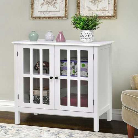 Image of White Wood Bathroom Storage Floor Cabinet with Glass Doors