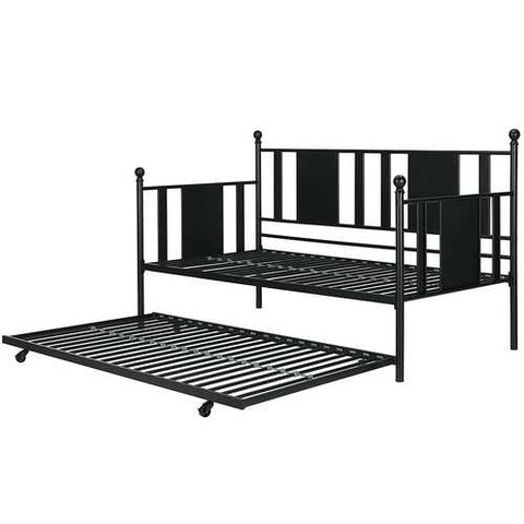 Image of Twin Black Metal Daybed Frame with Rounded Finials and Trundle Bed