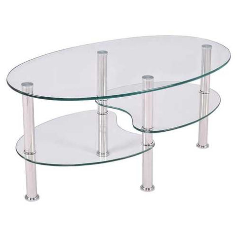 Image of Modern Oval Tempered Glass Coffee Table with Bottom Shelf