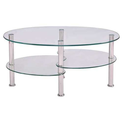 Image of Modern Oval Tempered Glass Coffee Table with Bottom Shelf