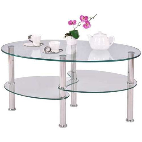 Image of Modern Oval Tempered Glass Coffee Table with Bottom Shelf