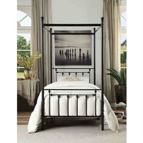 Image of Twin size Sturdy Metal Canopy Bed Frame in Black Metal Finish