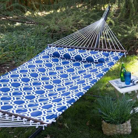 Image of Blue White Quilted Hammock with 13-ft Heavy Duty Black Metal Stand