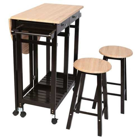 Image of Mobile Kitchen Island Cart Breakfast Table with 2 Stools