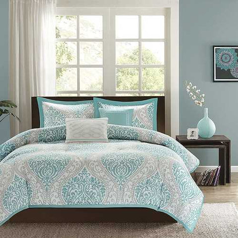 Image of Twin / Twin XL Comforter Set in Light Blue White Grey Damask Pattern