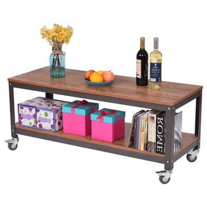 Modern Industrial Style Metal Wood Coffee Table with Locking Casters