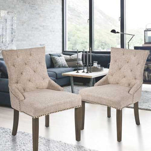 Set of 2 - Traditional Beige Linen Upholstered Dining Chair with Nail-head Trim