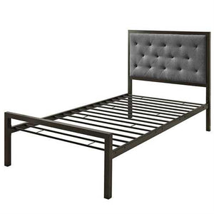 Twin size Metal Platform Bed with Gray Fabric Button Tufted Upholstered Headboard