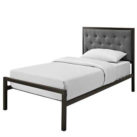 Image of Twin size Metal Platform Bed with Gray Fabric Button Tufted Upholstered Headboard