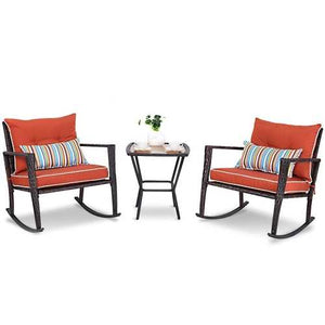 Outdoor 3-Piece Rattan Rocking Chairs and Table Set with Red Cushions