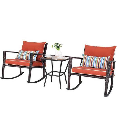 Image of Outdoor 3-Piece Rattan Rocking Chairs and Table Set with Red Cushions