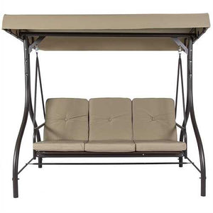 Tan 3-Seat Outdoor Porch Deck Patio Canopy Swing with Cushions