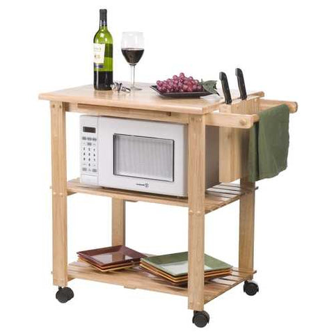 Image of Solid Wood Kitchen Utility Microwave Cart with Pull-Out Cutting Board