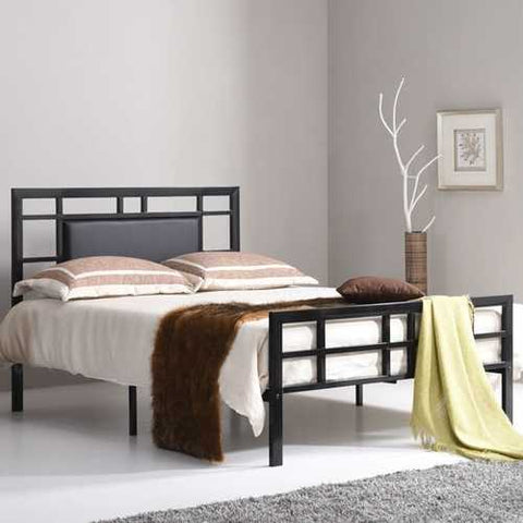 Image of Twin Metal Platform Bed Frame with Black Upholstered Center Panel Headboard