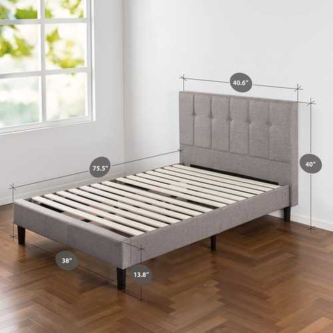 Image of Twin Medium Grey Upholstered Platform Bed Frame with Button Tufted Headboard