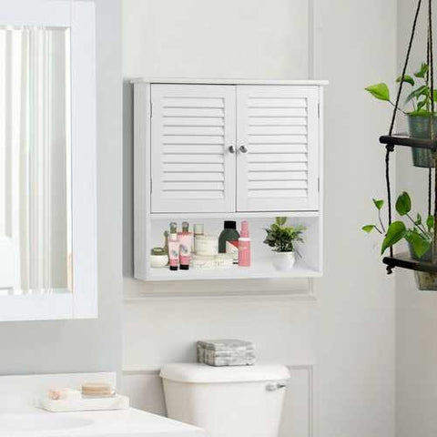 Image of White Wall Mount Bathroom Cabinet with Louver Doors and Metal Knobs