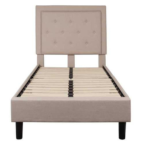 Image of Twin Beige Fabric Upholstered Platform Bed with Button Tufted Headboard