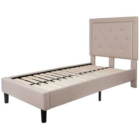 Image of Twin Beige Fabric Upholstered Platform Bed with Button Tufted Headboard