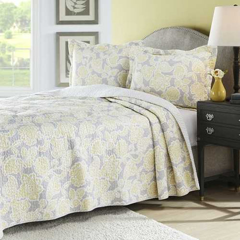 Image of Twin Yellow Gray Floral 100% Cotton Reversible Quilt Coverlet Set