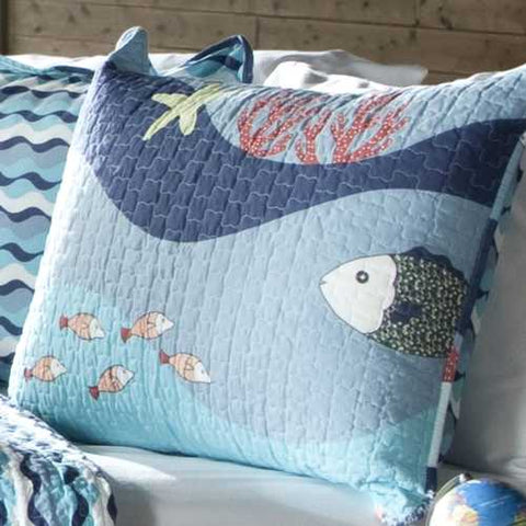 Image of Twin Blue Serenity Sea Fish Coral Coverlet Quilt Bedspread Set