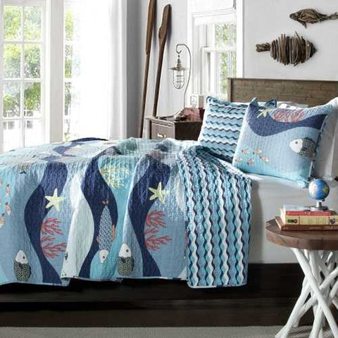 Image of Twin Blue Serenity Sea Fish Coral Coverlet Quilt Bedspread Set