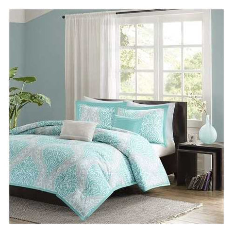 Image of Twin / Twin XL Aqua Teal Turquoise Blue White Modern Damask Comforter Set