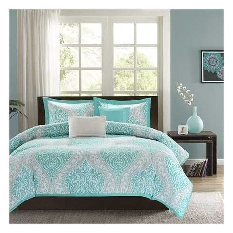 Image of Twin / Twin XL Aqua Teal Turquoise Blue White Modern Damask Comforter Set