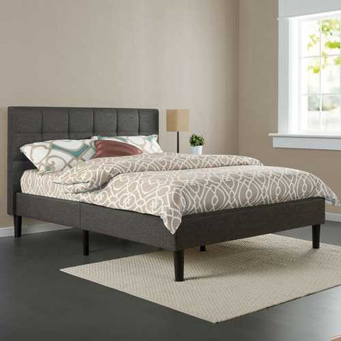 Image of Queen size Dark Grey Upholstered Platform Bed Frame with Headboard