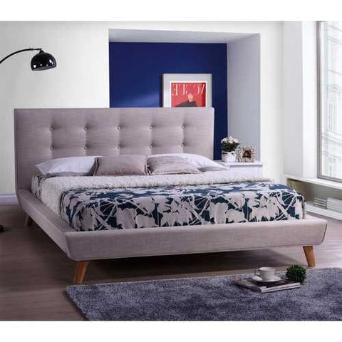 Image of Queen size Modern Grey Linen Upholstered Platform Bed with Button Tufted Headboard