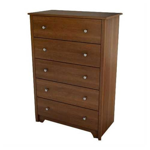 Image of Medium Brown Cherry Finish 5-Drawer Bedroom Chest with Nickle Finish Knobs