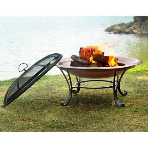 Image of Large 35-inch Copper Bowl Fire Pit with Steel Stand and Cover