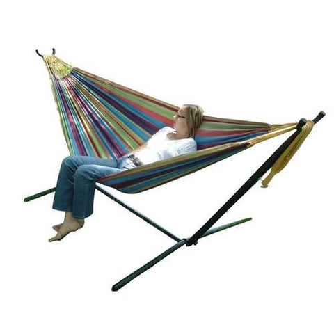 Image of Tropical Fabric Double Hammock with 9-Foot Steel Stand