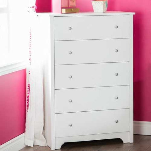 Image of Classic 5-Drawer Bedroom Chest of Drawers in White Wood Finish