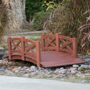 Outdoor 6-Ft Garden Bridge with X-Design Rails in Red Stained Acacia Wood