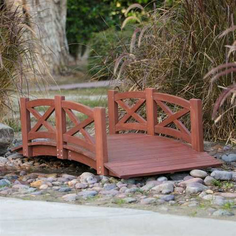 Image of Outdoor 6-Ft Garden Bridge with X-Design Rails in Red Stained Acacia Wood