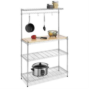 Modern Bakers Rack in Chrome Steel with Removable Wood Cutting Board