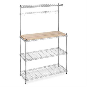 Modern Bakers Rack in Chrome Steel with Removable Wood Cutting Board