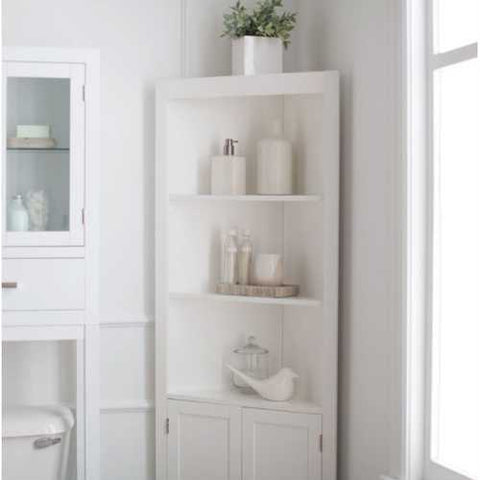 Image of White Corner Bathroom Linen Cabinet with Shelves