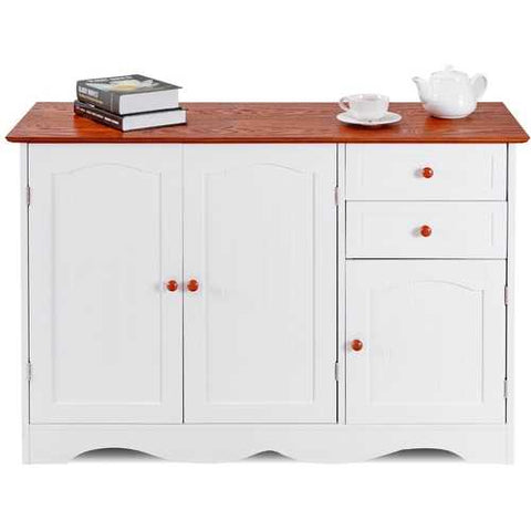 Image of White Wood Sideboard Buffet Cabinet with Brown Top and Knobs