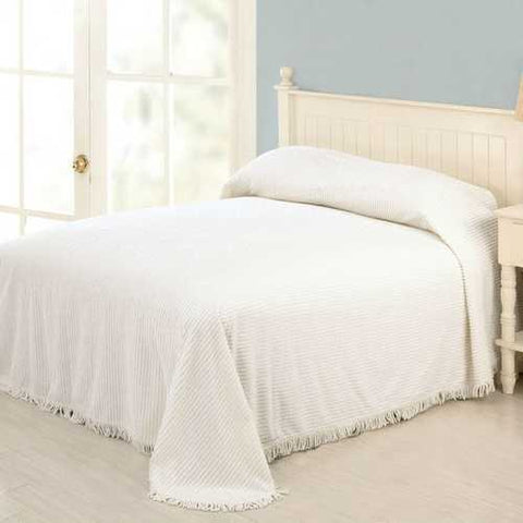 Image of King size White Cotton Chenille Bedspread with Fringed Edges