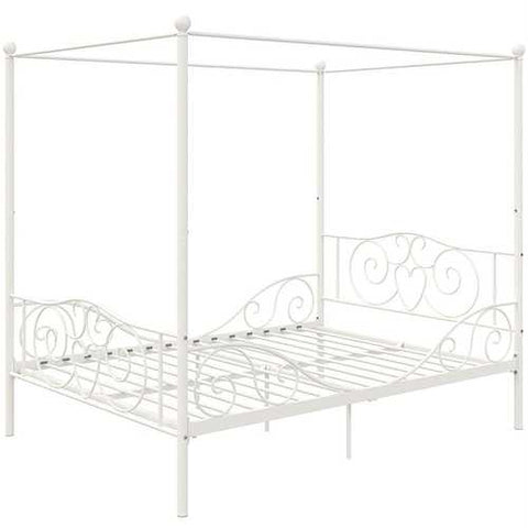 Image of Full size White Metal Canopy Bed Frame with Heavy Duty Steel Slats