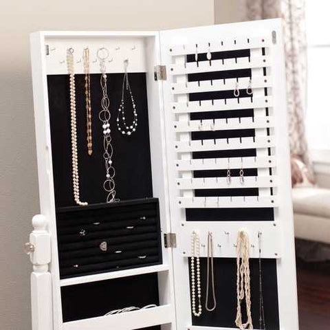 Image of White Full Length Tilting Cheval Style Floor Mirror with Jewelry Storage