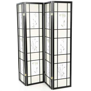 Black 4-Panel Room Divider Shoji Screen with Asian Floral Print