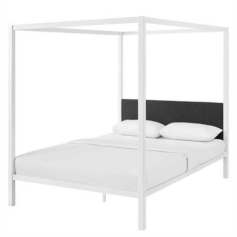 Image of Queen size White Metal Canopy Bed Frame with Grey Fabric Upholstered Headboard