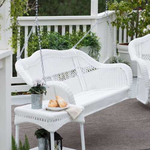 Image of White Resin Wicker Porch Swing with Hanging Hooks Comfort Spring and Harbor Blue Cushion