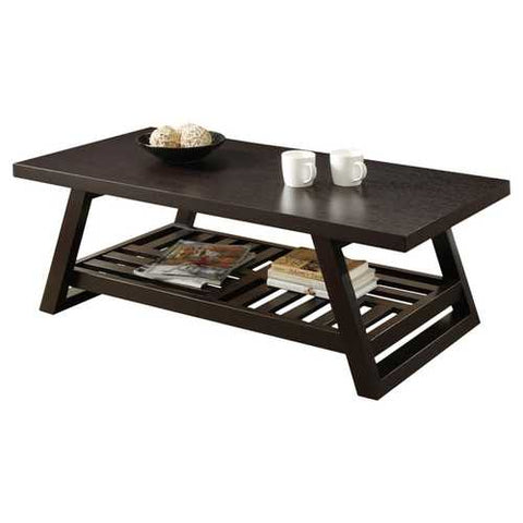 Image of Contemporary Coffee Table with Slatted Bottom Shelf in Rich Brown