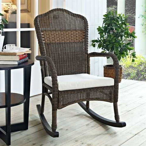 Image of Indoor/Outdoor Patio Porch Mocha Wicker Rocking Chair with Beige Cushion