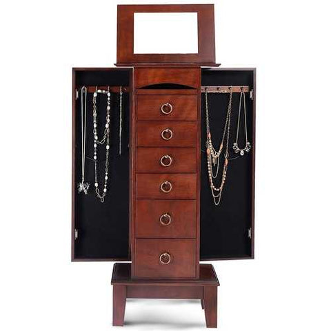 Image of Medium Brown Wood Jewlery Armoire Storage Chest Cabinet with Mirror